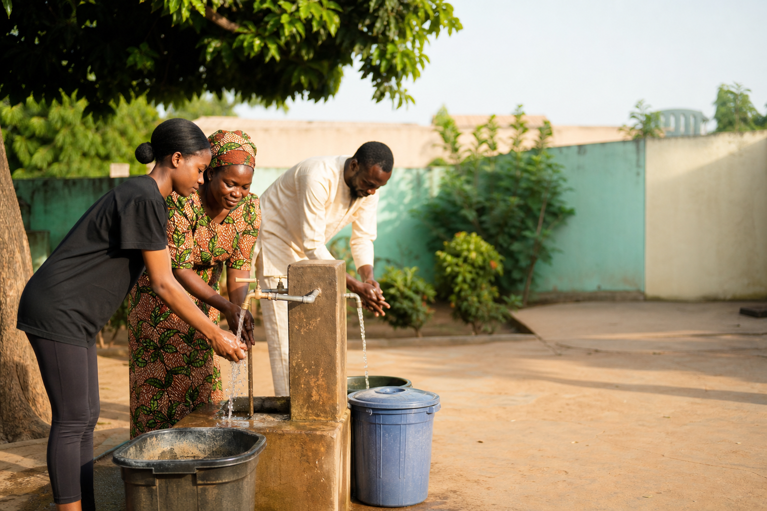 Three Nigerian neighbours washing their hands at a shared outdoor tap in a leafy courtyard.