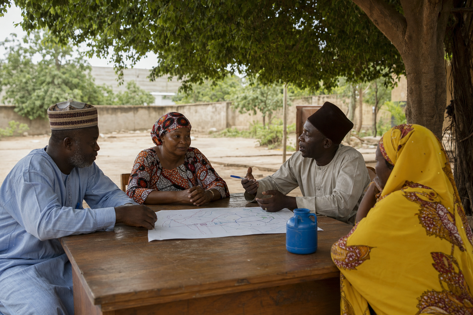 Four Nigerian community members discussing a hand-drawn map and water container beneath a tree.