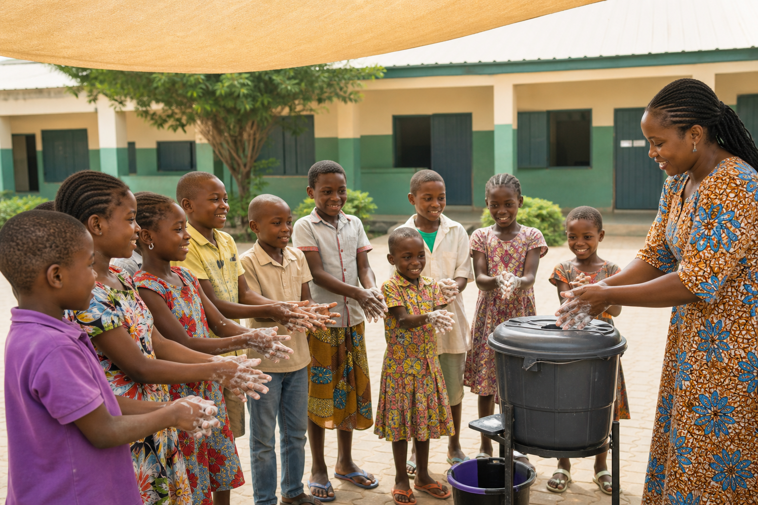 Nigerian children practising handwashing with a facilitator at an outdoor wash station.