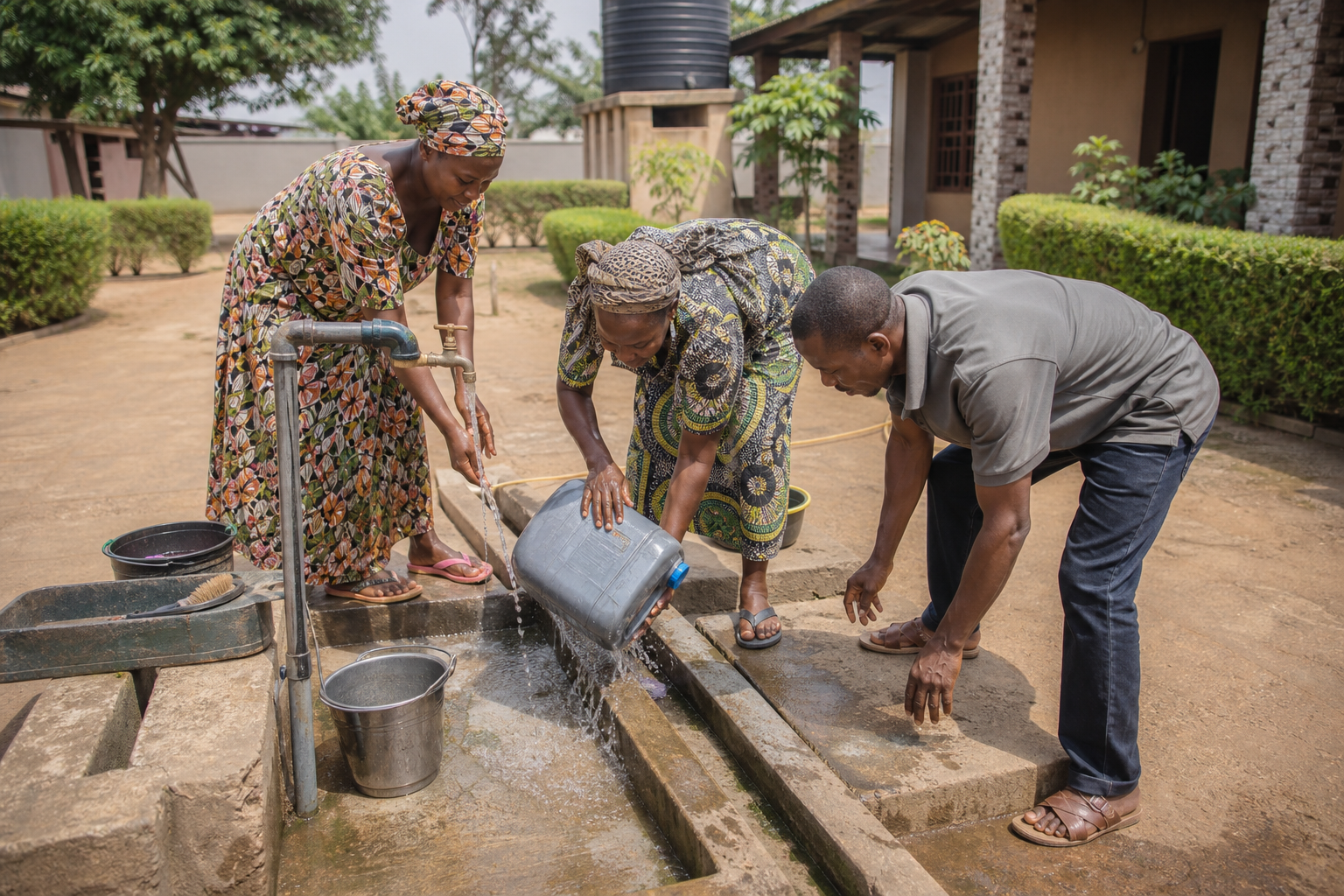 Three Nigerian neighbours cleaning a water container at a shared tap.