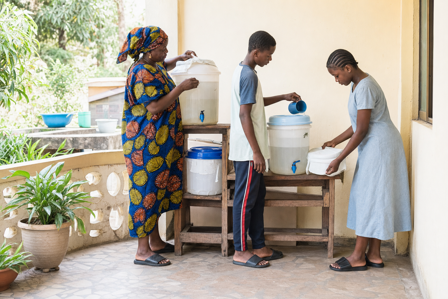 A Nigerian caregiver and two teenagers arranging covered household water containers on a veranda.