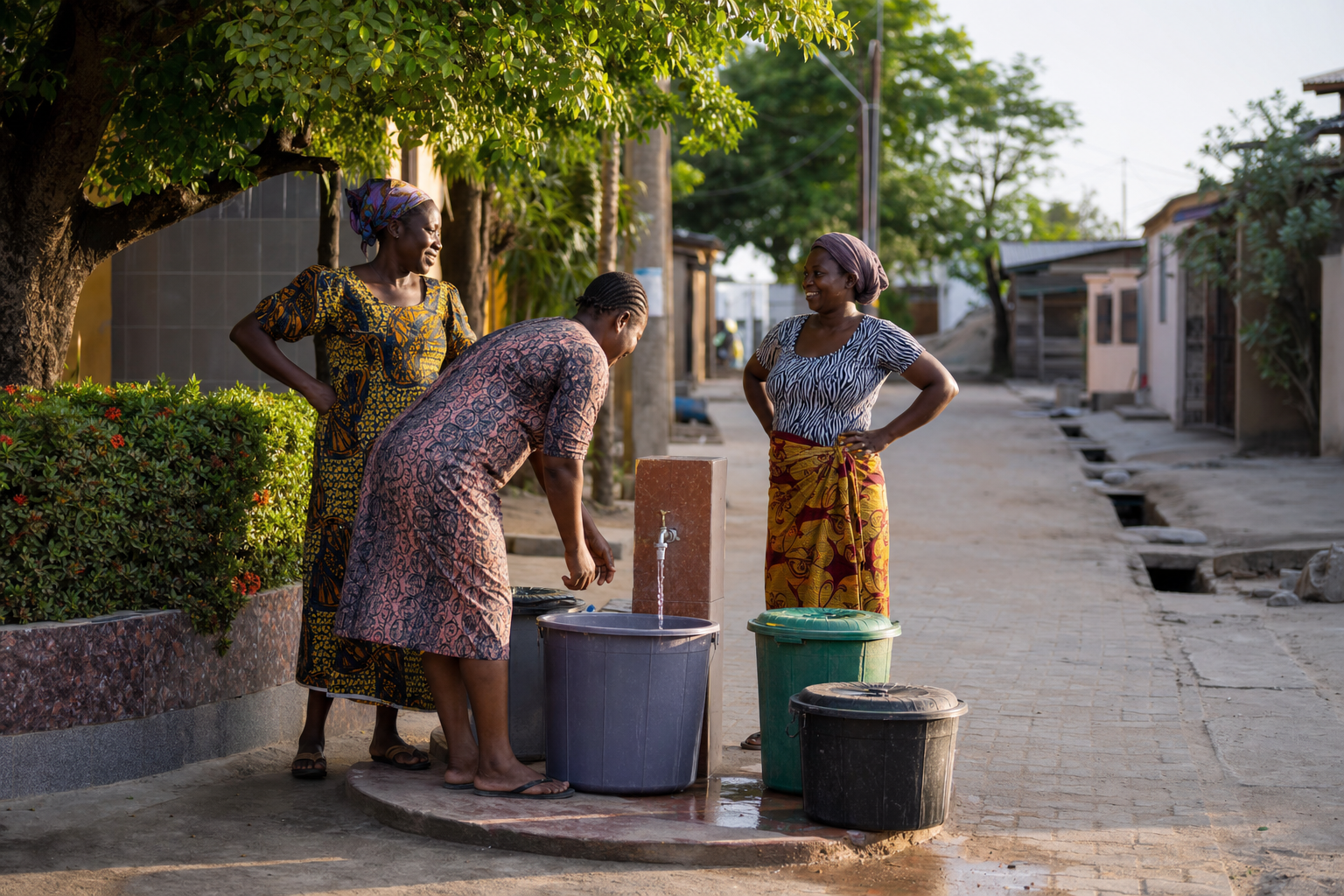 Three Nigerian neighbours gathering around a shared tap and covered containers on a leafy residential lane.